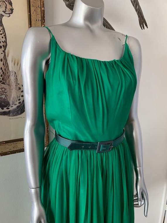 1960s Emerald Green Pleated Chiffon Strap Dress