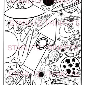 Puede incluir: Página para colorear en blanco y negro con un cohete, planetas, estrellas, un astronauta y un OVNI con un extraterrestre. Las palabras "STARLITE TRINKETS" están impresas en la página.