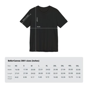 May include: A size chart for Bella+Canvas 3001 t-shirts, showing measurements in inches for sizes XS through 5XL. The chart includes width, length, and sleeve length.