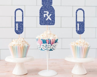 READY TO SHIP Glitter Medication Cupcake Toppers, Pharmacy Party, Nurse Party, Doctor Birthday, Medical Party, Healthcare, R X, Pharmacist