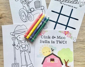 May include: A set of activity sheets including two black and white coloring pages featuring a child on a tractor and a child with a pitchfork, a Tic Tac Toe game sheet, and a colorful card with a barn, pig, cow, and text Oink & Moo Bella is TWO!