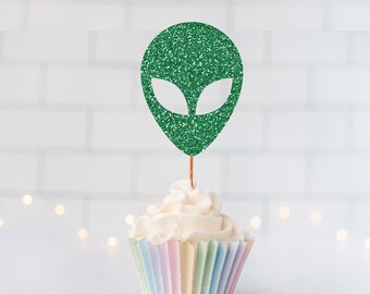 READY TO SHIP Glitter Alien Cupcake Toppers, Glitter Cupcake Toppers, Glitter Cake Topper, Glitter Party Decorations, Event Decor