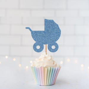 Glitter Baby Carriage Cupcake Toppers, Baby Shower Decor, It’s a Boy, It’s a Girl, Gender Reveal, Stroller Toppers, Party Decorations