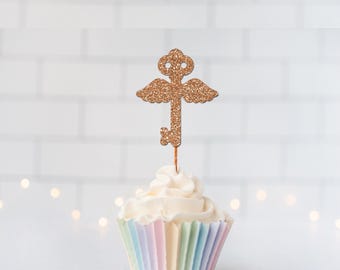 READY TO SHIP Glitter Winged Keys Cupcake Toppers, Glitter Cupcake Toppers, Glitter Cake Topper, Glitter Party Decorations, Event Decor