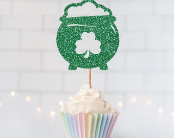 Glitter Pot of Gold Cupcake Toppers, Glitter Cupcake Toppers, Glitter Cake Topper, Glitter Party Decor, Event Decor