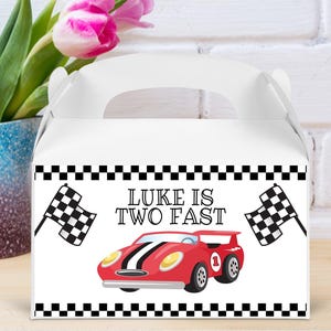 Personalized Race Car Goodie Boxes - 2pk, Choose A Car Color, Custom Race Car Goodie Box Labels, Racer Party Favor Boxes, Kids Party Box