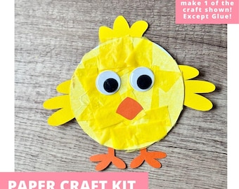 May include: A paper craft kit featuring a yellow chick made of tissue paper, with two googly eyes, an orange paper beak, orange paper feet, and yellow paper wings. The text on the image reads: Includes everything needed to make 1 of the craft shown! Except Glue! PAPER CRAFT KIT PRE-CUT CRAFTS FOR KIDS