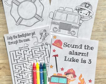 May include: A set of four activity sheets featuring firefighter-themed coloring pages, a maze with the text Help the firefighter get through the maze, and a birthday card with the text Sound the alarm! Luke is 3, accompanied by four crayons.