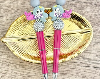 Mermaid Beaded Pen - Gray Version, Ocean Mermaid Gift, Beach Lover Stationery, Seashell Writing Pen, Journaling Gift Idea