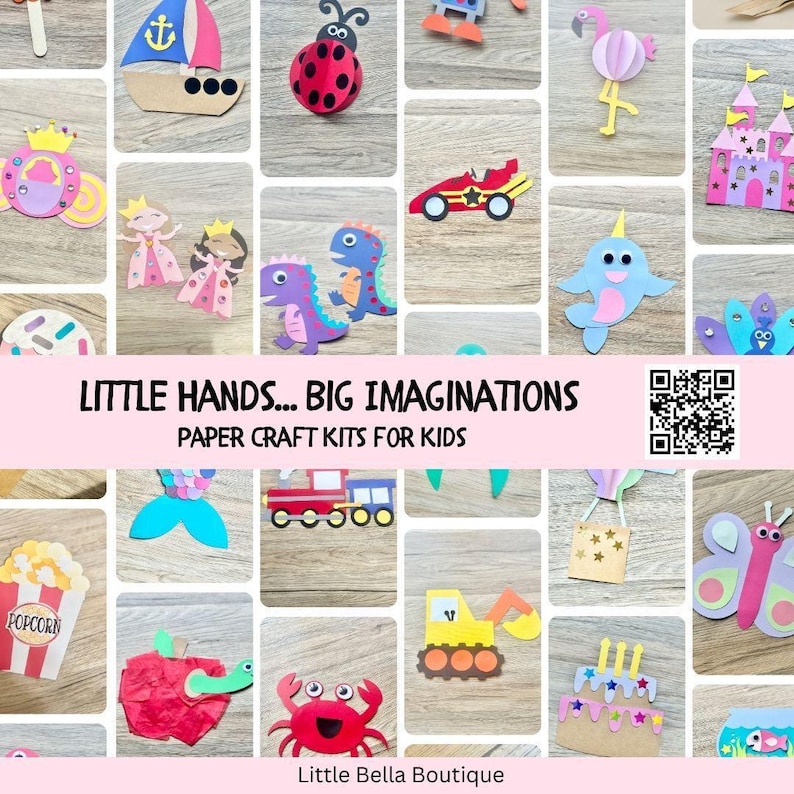 a collage of little hands, big imaginations paper craft kits for kids