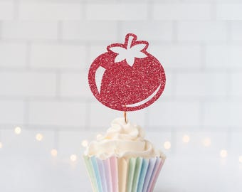 READY TO SHIP Glitter Tomato Cupcake Toppers, Farmers Market, Fruits and Vegetables Party, Garden Veggies, Tomato Garden, Vine Tomato