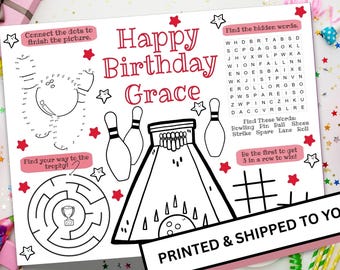 May include: A black and white bowling-themed activity sheet with the text "Happy Birthday Grace". Includes connect-the-dots, a maze, a word search, and tic-tac-toe. The sheet is decorated with stars and bowling pins.