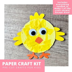 May include: A handmade paper craft kit for kids featuring a yellow chick with googly eyes, an orange beak, and feet. The kit includes pre-cut craft materials to make one chick. The text on the image says "Paper Craft Kit" and "Pre-cut Crafts for Kids."