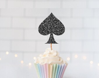 READY TO SHIP Glitter Spade Cupcake Toppers, Casino Party, Poker Night Decor, Card Game Theme, Vegas Birthday, Gambling Party, Ace Of Spades