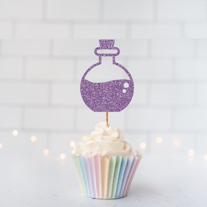 READY TO SHIP Glitter Potion Cupcake Toppers, Halloween Decor, Magic Theme, Witch Party, Spooky Birthday, Potion Bottle, Haunted House