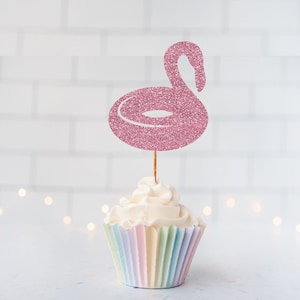 Glitter Flamingo Pool Floatie Cupcake Toppers, Summer Party, Pool Decor, Tropical Theme, Beach Birthday, Luau Party, Pink Flamingo Decor