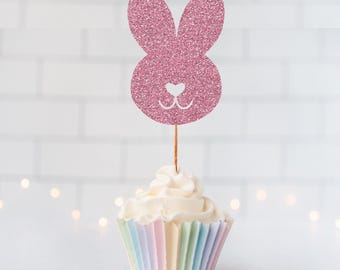 READY TO SHIP Glitter Bunny Face Cupcake Toppers, Glitter Cupcake Toppers, Glitter Cake Topper, Glitter Party Decorations, Event Decor