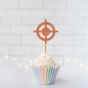 Glitter Bullseye Cupcake Toppers, Target Theme, Archery Party, Carnival Decor, Dart Game, Game Night , Hit The Mark, Water Fight, Paintball