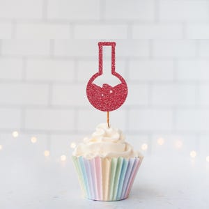 Glitter Round Bottom Flask Cupcake Toppers, Science Party, Chemistry Theme, Lab Party Decor, STEM Birthday, Experiment Party Supplies