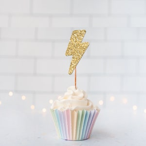READY TO SHIP Glitter Lightning Bolt Cupcake Toppers, Lightning Strike, Superheroes, Wizard Lightning, Thunder and Lightning, Weather Party