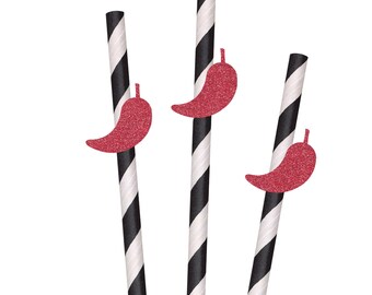Glitter Chili Pepper Party Straws - 10ct, Fiesta, Taco Tuesday, Spicy Party, Cinco De Mayo, Mexican Party, Bold Drink Decor, Fun Straws