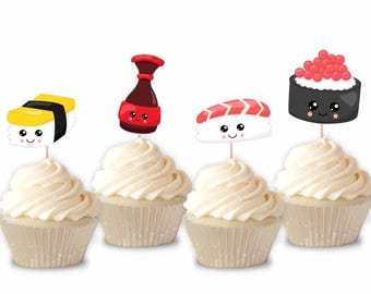 Printed Sushi Cupcake Toppers, Printed Sashimi Cupcake Toppers, Printed Sushi Party Decorations, Event Decor