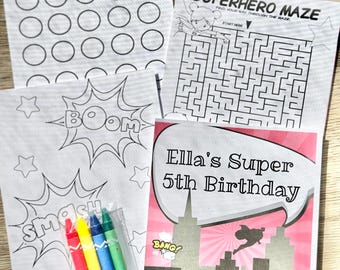 Personalized Superhero, Pink Version Coloring Kit Favors, Superhero Coloring Book Favors, Superhero Coloring Packs