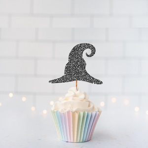 Glitter Witch Hat Cupcake Toppers, Halloween Decor, Spooky Party, Witch Theme Birthday, Trick Or Treat, Haunted House, October Party Decor