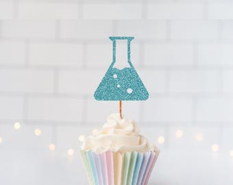 Glitter Conical Flask Cupcake Toppers, Science Party Decor, Chemistry Birthday, Lab Theme Party, Nerdy Celebration, Scientist Cupcakes
