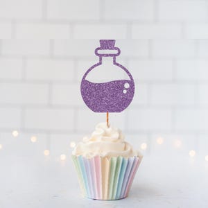 Glitter Potion Cupcake Toppers, Halloween Decor, Magic Theme, Witch Party, Spooky Birthday, Potion Bottle, Haunted House, October Decor