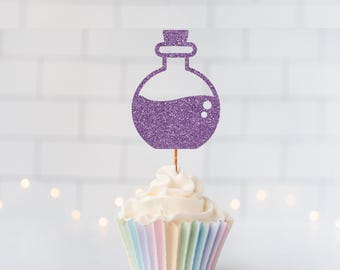 Glitter Potion Cupcake Toppers, Halloween Decor, Magic Theme, Witch Party, Spooky Birthday, Potion Bottle, Haunted House, October Decor