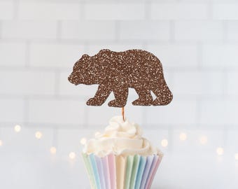 READY TO SHIP Glitter Bear Cupcake Toppers, Woodland Party Decor, Bear Birthday Theme, Forest Animal Party, Baby Shower, Rustic Party