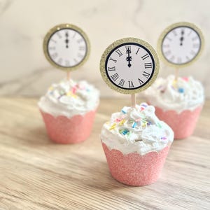 Glitter Clock Strikes Midnight Cupcake Toppers, Layered Glitter Cake Picks, New Year’s Eve, Cinderella Party Decor, Birthday Celebration