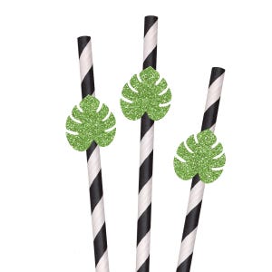 Glitter Tropical Leaf Party Straws - 10ct, Luau Party, Jungle Theme, Island, Summer Birthday, Palm Leaf, Beach Party, Monstera Leaf