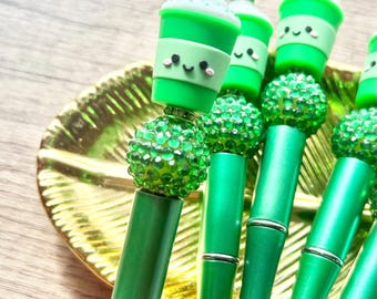 Matcha Latte Beaded Ink Pen, Coffee Lover Gift, Cafe Stationery, Green Aesthetic Office Supply, Journaling Gift