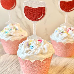Glitter Wine Glass Cupcake Toppers, Set of 12, Wine Party Decor, Wine Glass, Vino Before Vows, Wine Tasting, Red Wine, Rose, White Wine