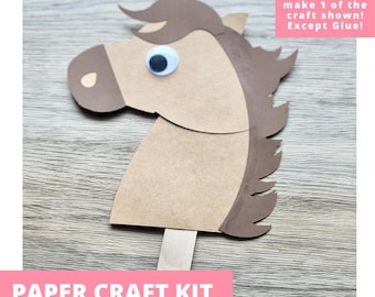 Horse Stick Puppet Paper Craft Kit, Horse Arts & Crafts Kit For Kids, Horse Craft Kit, Farm Party Favor, Pre-Cut Crafts, Diy Craft Kit