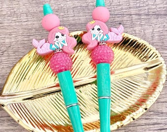 Mermaid Beaded Pen - Pink Version, Ocean Mermaid Gift, Beach Lover Stationery, Seashell Writing Pen, Journaling Gift Idea