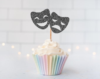 Glitter Theater Masks Cupcake Toppers, Drama Mask,Broadway Theater, Stage Play, Greek Theater masks, Cast Party, Wrap Party, Actor, Actress