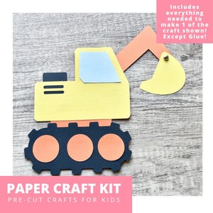 May include: A paper craft kit featuring a yellow and orange excavator construction vehicle with a light blue window, black treads, and orange wheels. The kit includes pre-cut paper pieces to assemble one craft, excluding glue for the final construction.