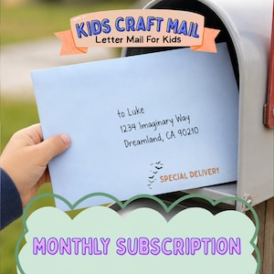 May include: A light blue envelope addressed to Luke at 1234 Imaginary Way, Dreamland, CA 90210, featuring a small bat graphic and the text SPECIAL DELIVERY. Above is a banner reading KIDS CRAFT MAIL Letter Mail For Kids, with MONTHLY SUBSCRIPTION below.