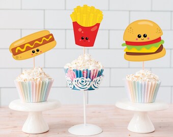 Printed Junk Food Cupcake Toppers, Printed Fast Food Cupcake Toppers, Printed Junk Food Party Decorations, Event Decor