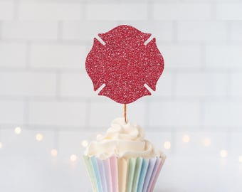 Glitter Firefighter Badge Cupcake Toppers, Fire Truck Party, Hero Theme, Birthday Decor, First Responder Celebration, Fireman Party