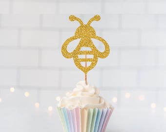 Glitter Bee Cupcake Toppers, Bumble Bee Party, Honeycomb Theme, Bee Baby Shower, Birthday Party, Mommy To Bee, Bee Day Party Decor