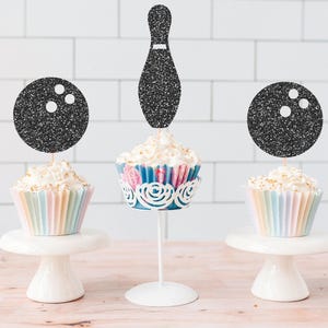 Glitter Bowling Cupcake Toppers, Bowling Alley Party, Strike Birthday, Kids Celebration, Retro Bowling Night, League Party, Arcade Theme image 1
