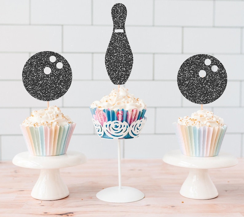 Glitter Bowling Cupcake Toppers, Bowling Alley Party, Strike Birthday, Kids Celebration, Retro Bowling Night, League Party, Arcade Theme image 1