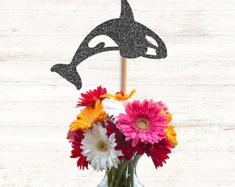 Glitter Orca Whale Centerpiece Sticks, Sea Animals, Under The Sea, Orca Party, Orca Birthday, Whale Decor, Ocean Animals, Ocean Decor