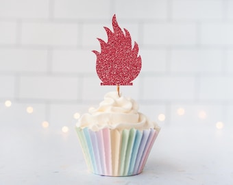 Glitter Fire Flame Cupcake Toppers, Hot Theme Party, Campfire Decor, Firefighter Birthday, BBQ Party, Summer Celebration, S’mores Night
