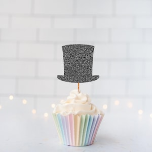 Glitter Top Hat Cupcake Toppers, Magic Theme, Formal Party, Magician Decor, Vintage Style, Black Tie Decor, Gentleman's Hat, Dapper Theme