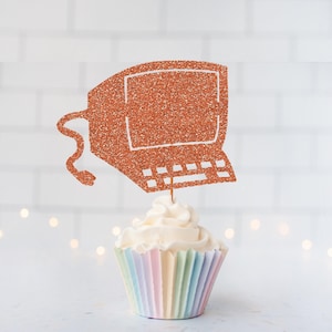 Glitter Retro Computer Cupcake Toppers, Tech Party Decor, Laptop Theme, Nerd Party, Birthday Party, Computer Science, Office Party